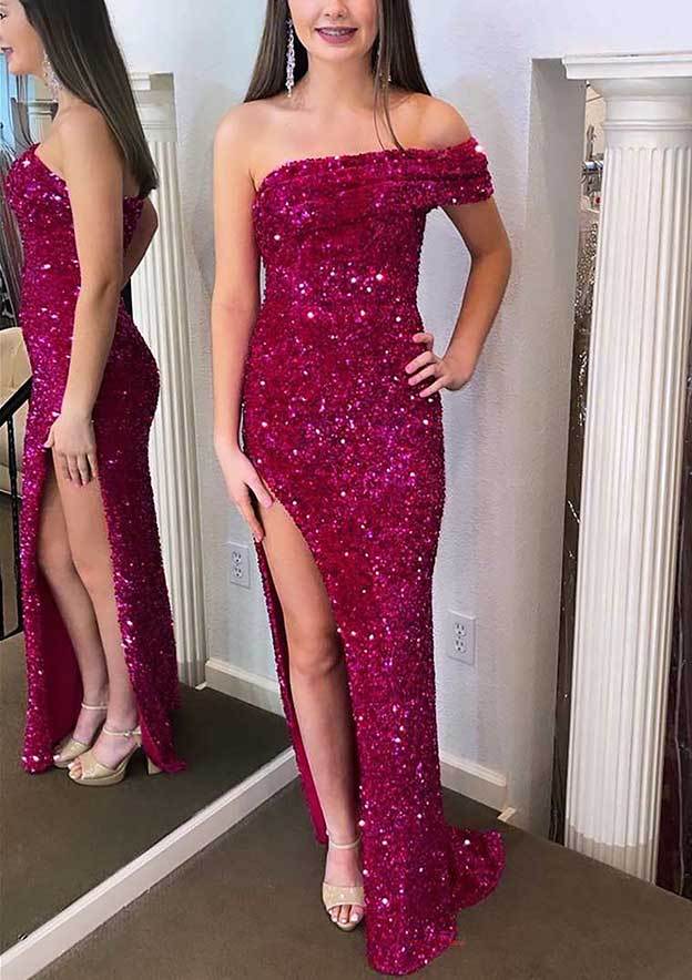 Sleeveless Long Prom Dresses With Sequins Off-The-Shoulder Mermaid/Trumpet Style and Side Split