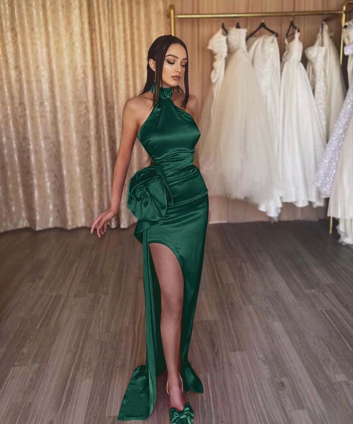 Orange Flower Halter Sleeveless High Split Prom Dress With Pleated