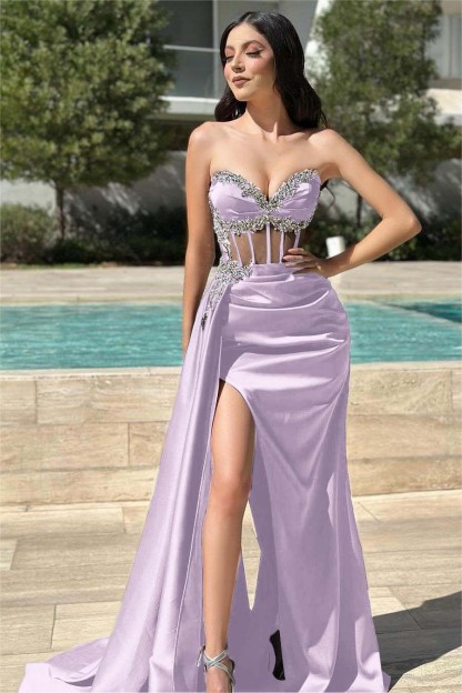 Stunning Black Strapless Sleeveless Long Split Pleated Prom Dress With Beading