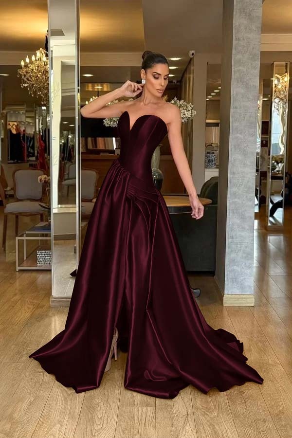 Stunning Strapless Sleeveless Long Split Prom Dress With Pleated