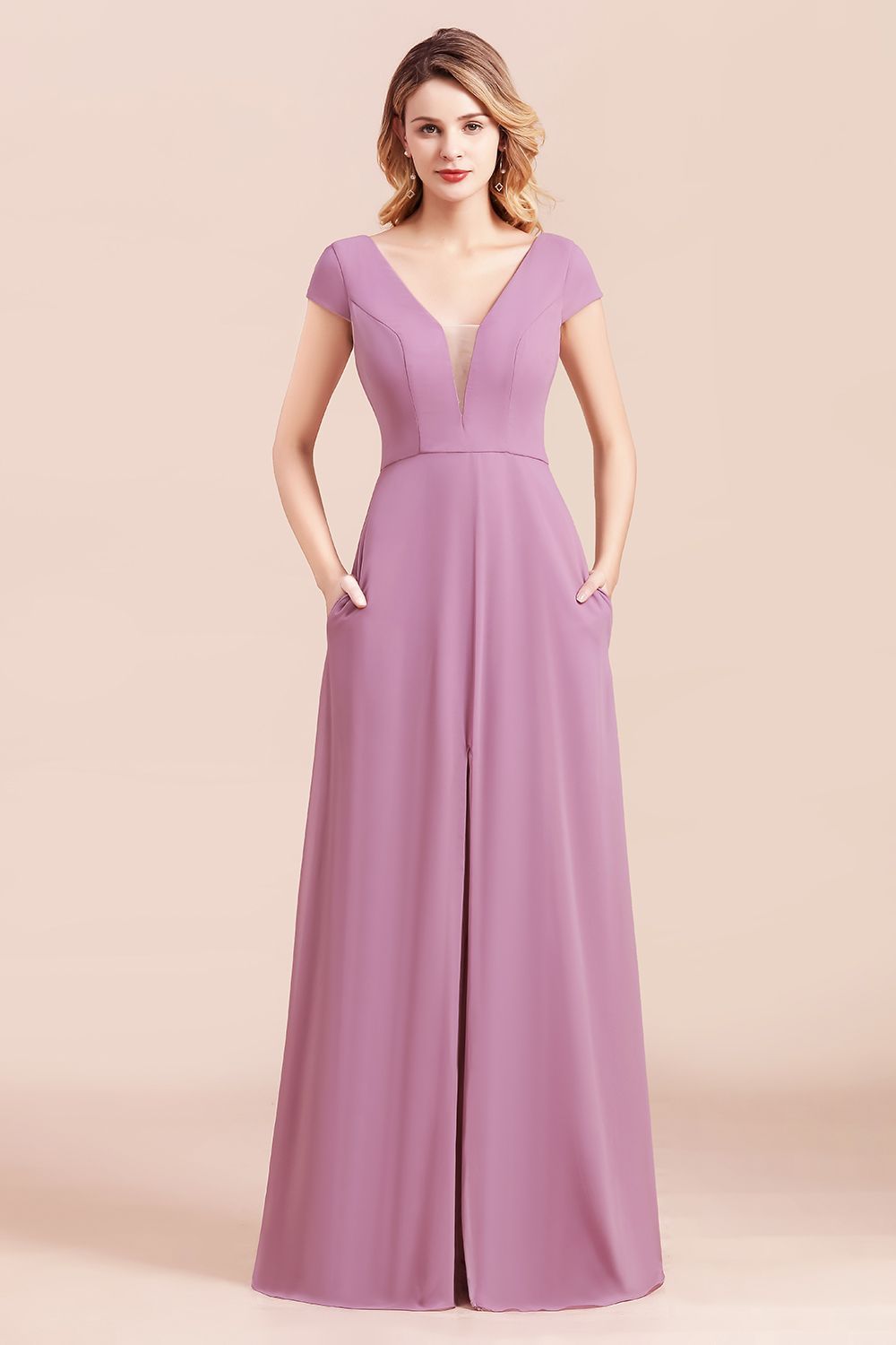 BMbridal Chic V-Neck Chiffon Wisteria Bridesmaid Dresses with Short Sleeves-BMbridal