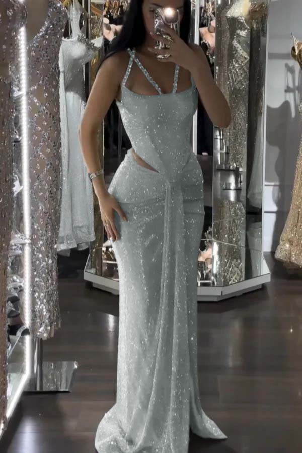 Straps Sleeveless Long Mermaid Prom Dress With Sequins Pleated