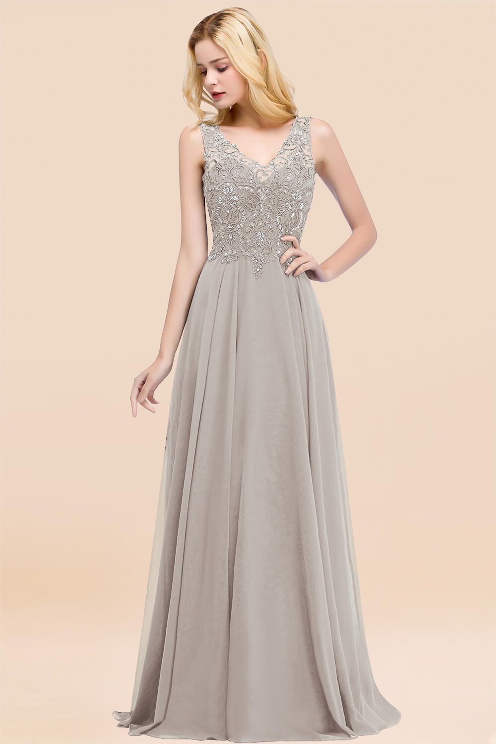 BMbridal Affordable Lace V-Neck Navy Bridesmaid Dresses With Appliques-BMbridal