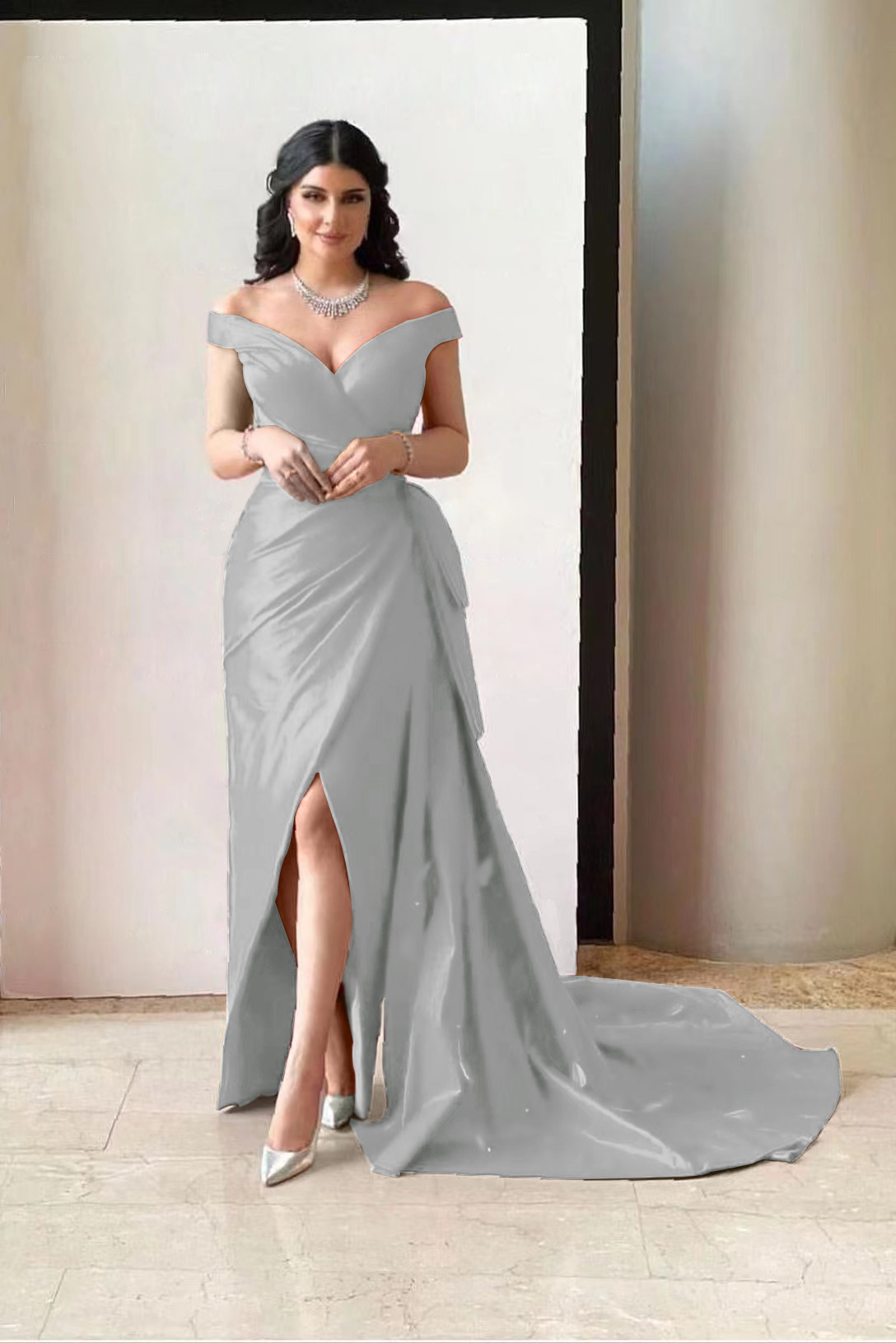 Amazing Fuchsia Off the Shoulder V Neck Split Prom Dress With Pleated