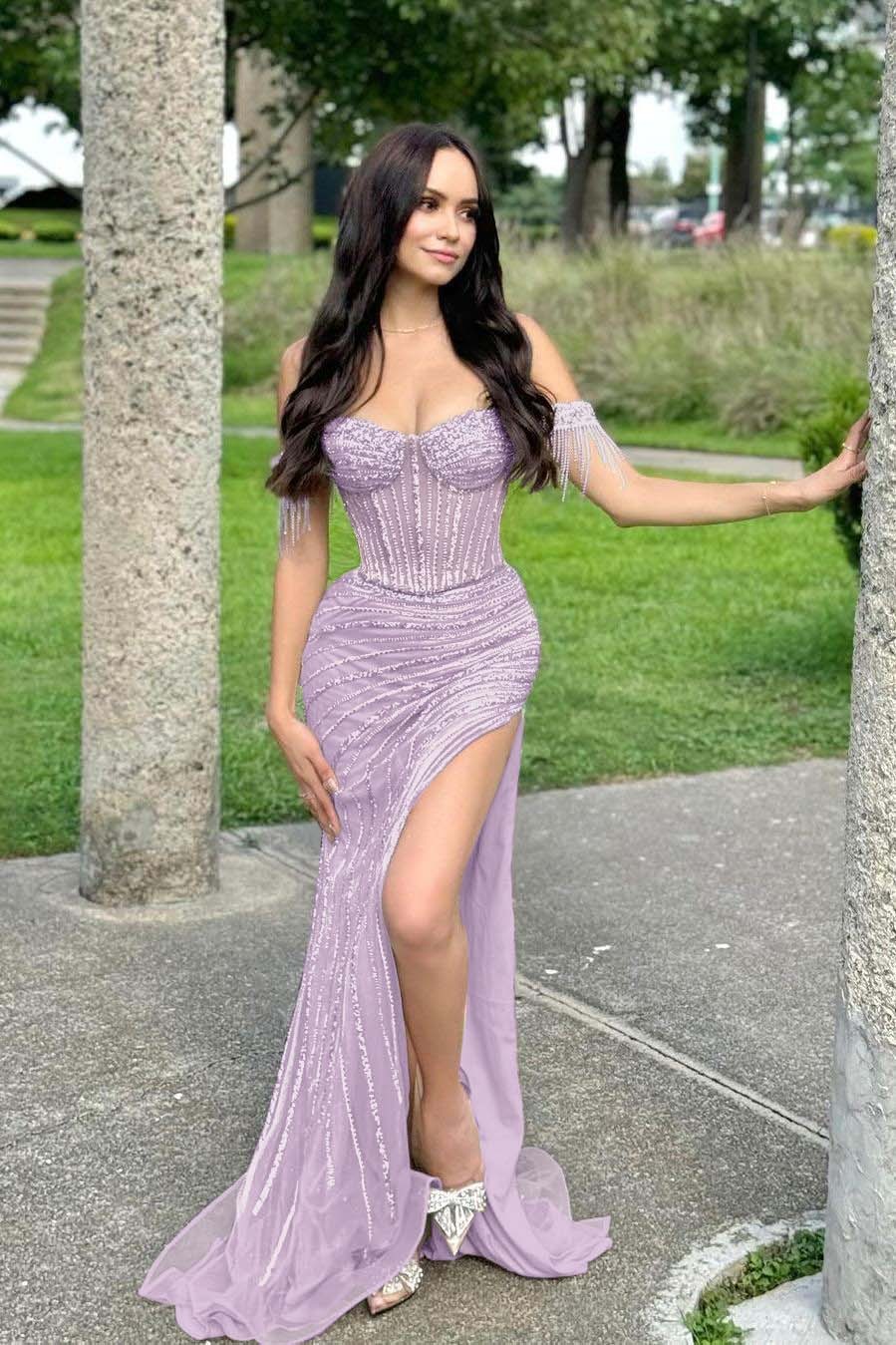 Off the Shoulder Sleeveless Long Mermaid Prom Dress With Split Beading