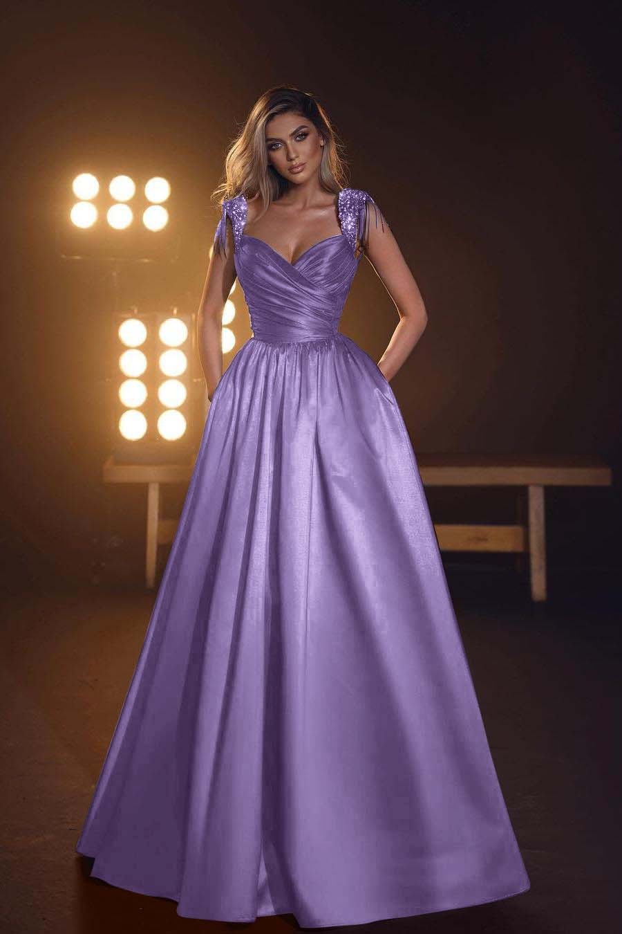 Straps Sleeveless Long Prom Dress With Pleated Pockets Sequins