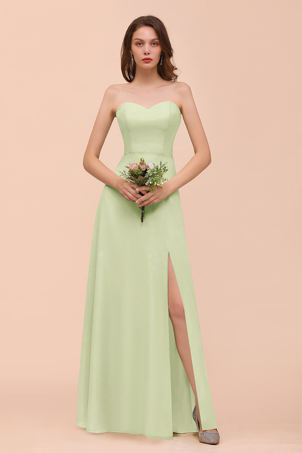 BMbridal Affordable Strapless Front Slit Long Dusty Sage Bridesmaid Dress-BMbridal
