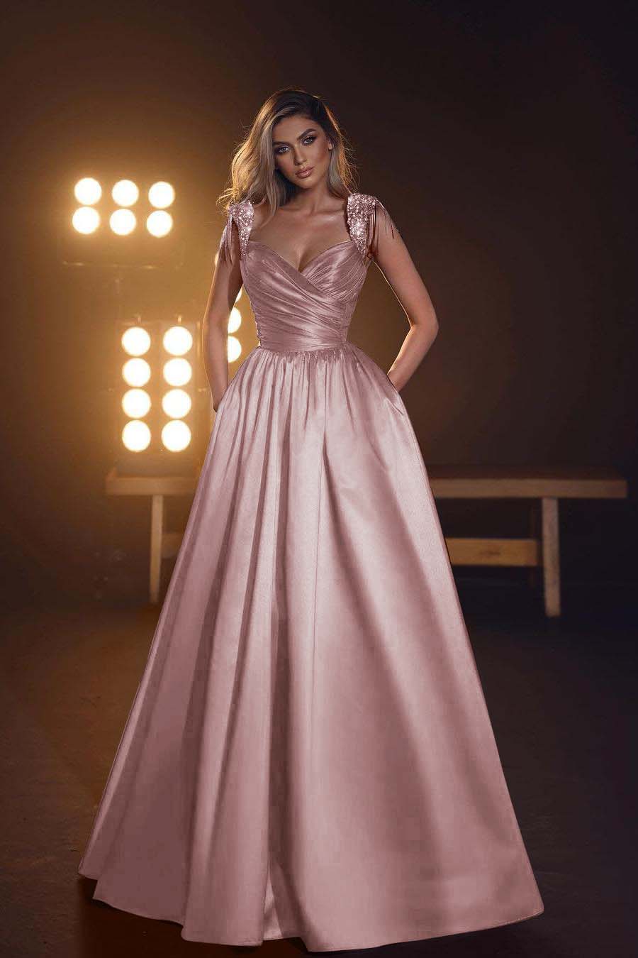 Straps Sleeveless Long Prom Dress With Pleated Pockets Sequins