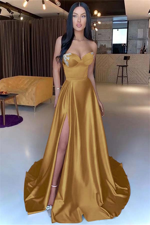 Sweetheart Yellow Strapless Mermaid Beadings Long Prom Dress With Split