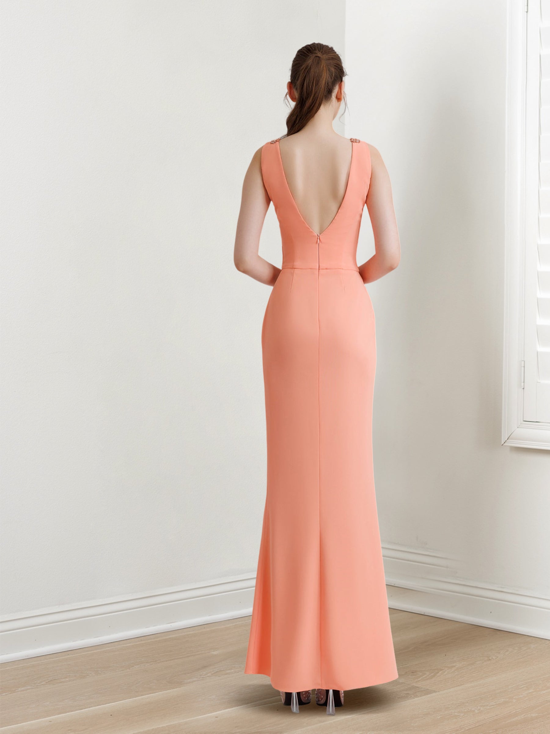 V-Neck Sleeveless Floor-Length Sheath Evening Gown with Side Slit