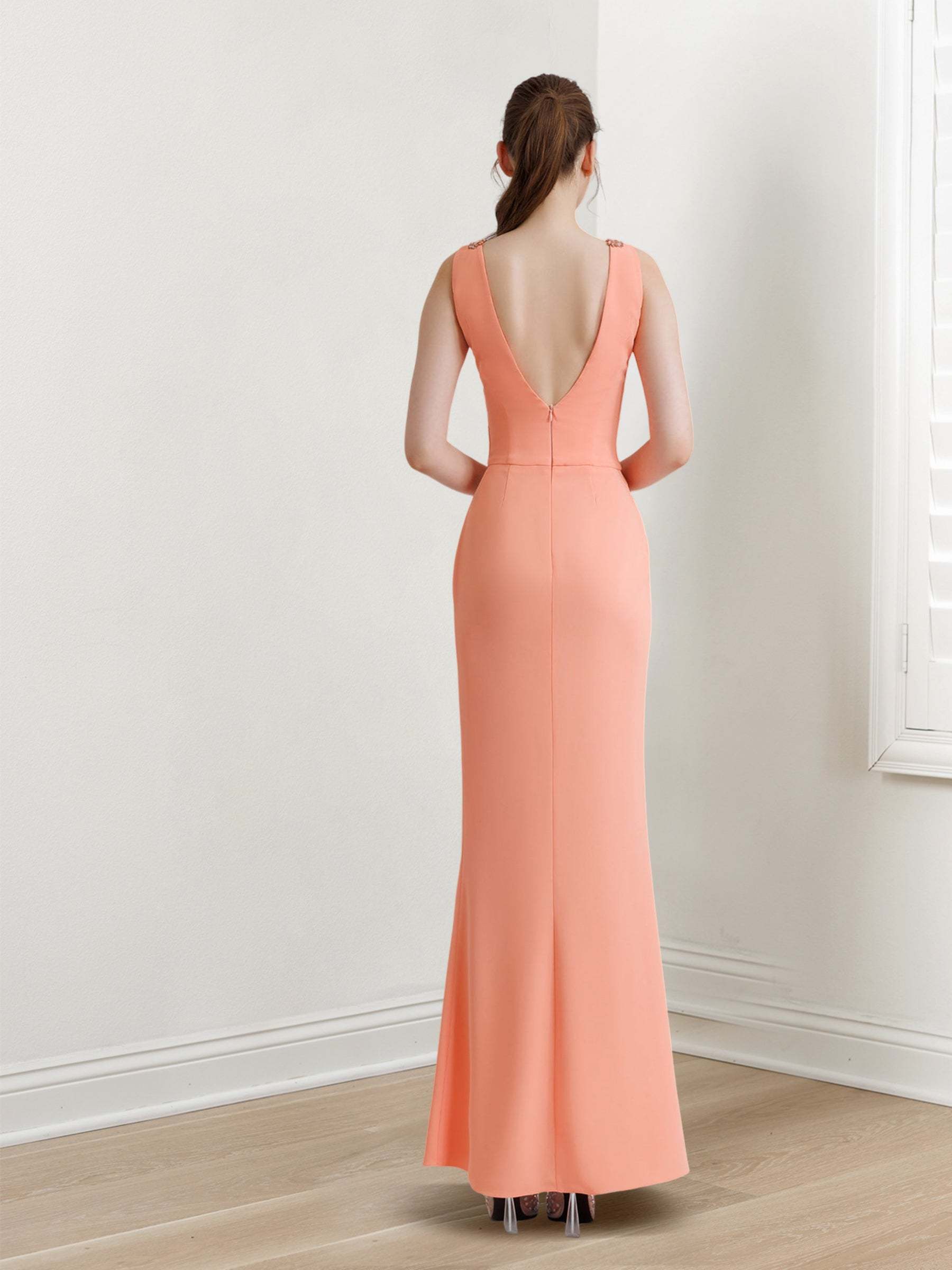 V-Neck Sleeveless Floor-Length Sheath Evening Gown with Side Slit