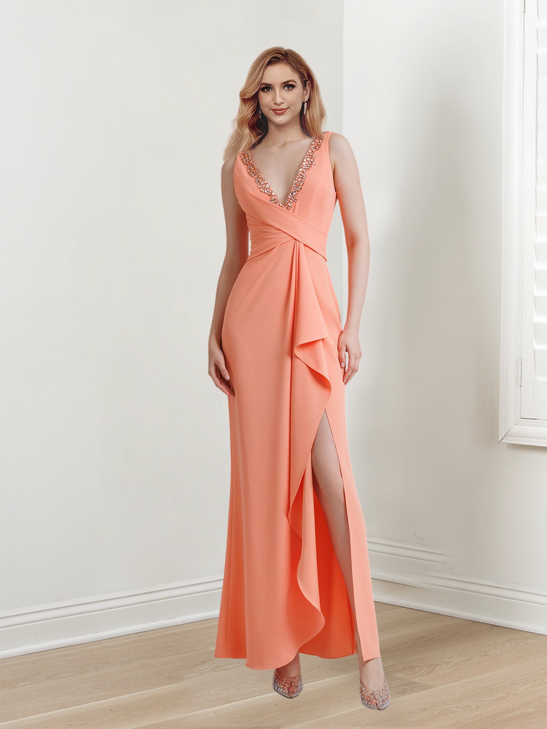 V-Neck Sleeveless Floor-Length Sheath Evening Gown with Side Slit