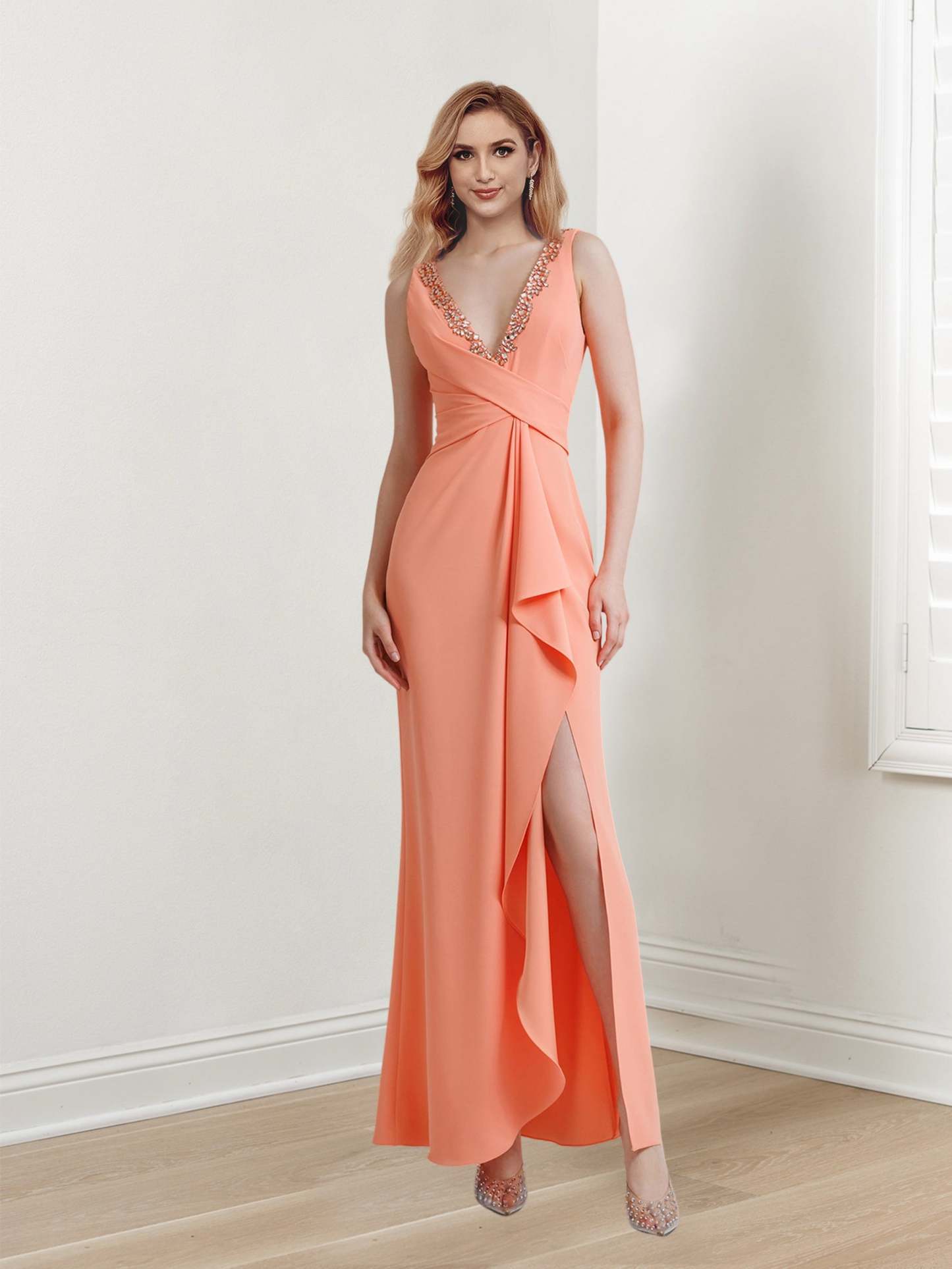 V-Neck Sleeveless Floor-Length Sheath Evening Gown with Side Slit