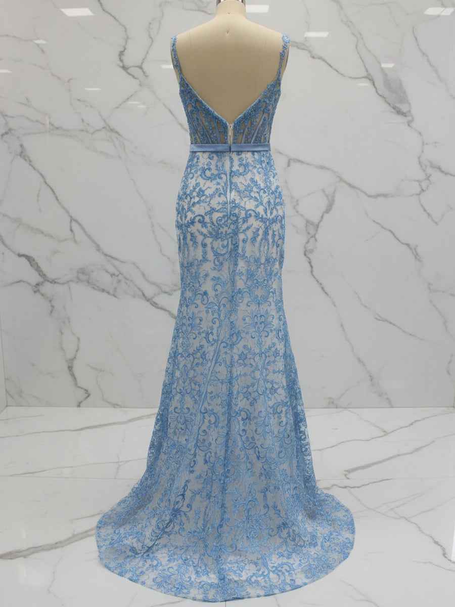 Blue Floral Sweetheart Spaghetti Straps Long Corset Prom Dress
