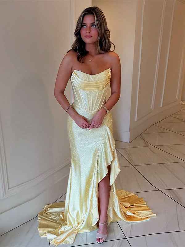 Hot Pink Mermaid Strapless Corset Bodice Long Prom Dress with Ruffle Slit