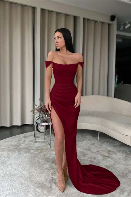 Off the Shoulder Sleeveless Mermaid Long Prom Dress With Split