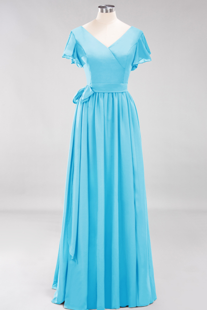 BMbridal Burgundy V-Neck Long Bridesmaid Dress With Short-Sleeves-BMbridal