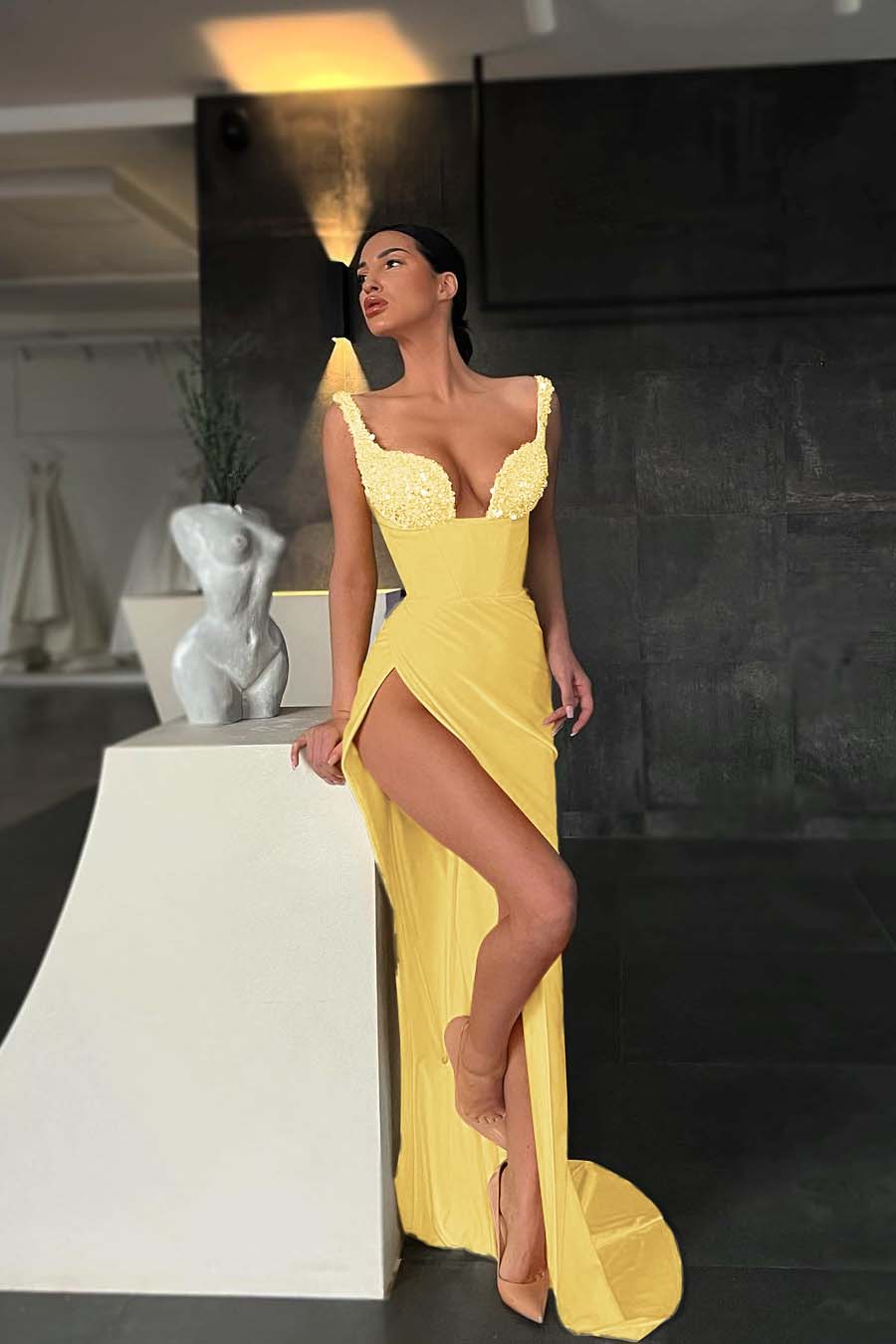 Mermaid Yellow Sequins High Waist Straps Sleeveless Prom Dress With High Split