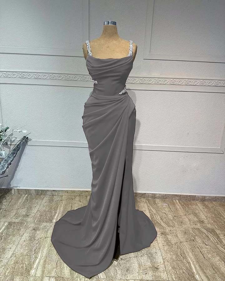 Straps Sleeveless Long Mermaid Prom Dress With Pleated Sequins