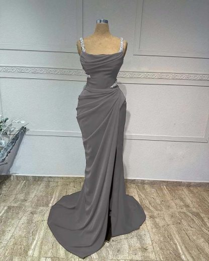 Straps Sleeveless Long Mermaid Prom Dress With Pleated Sequins