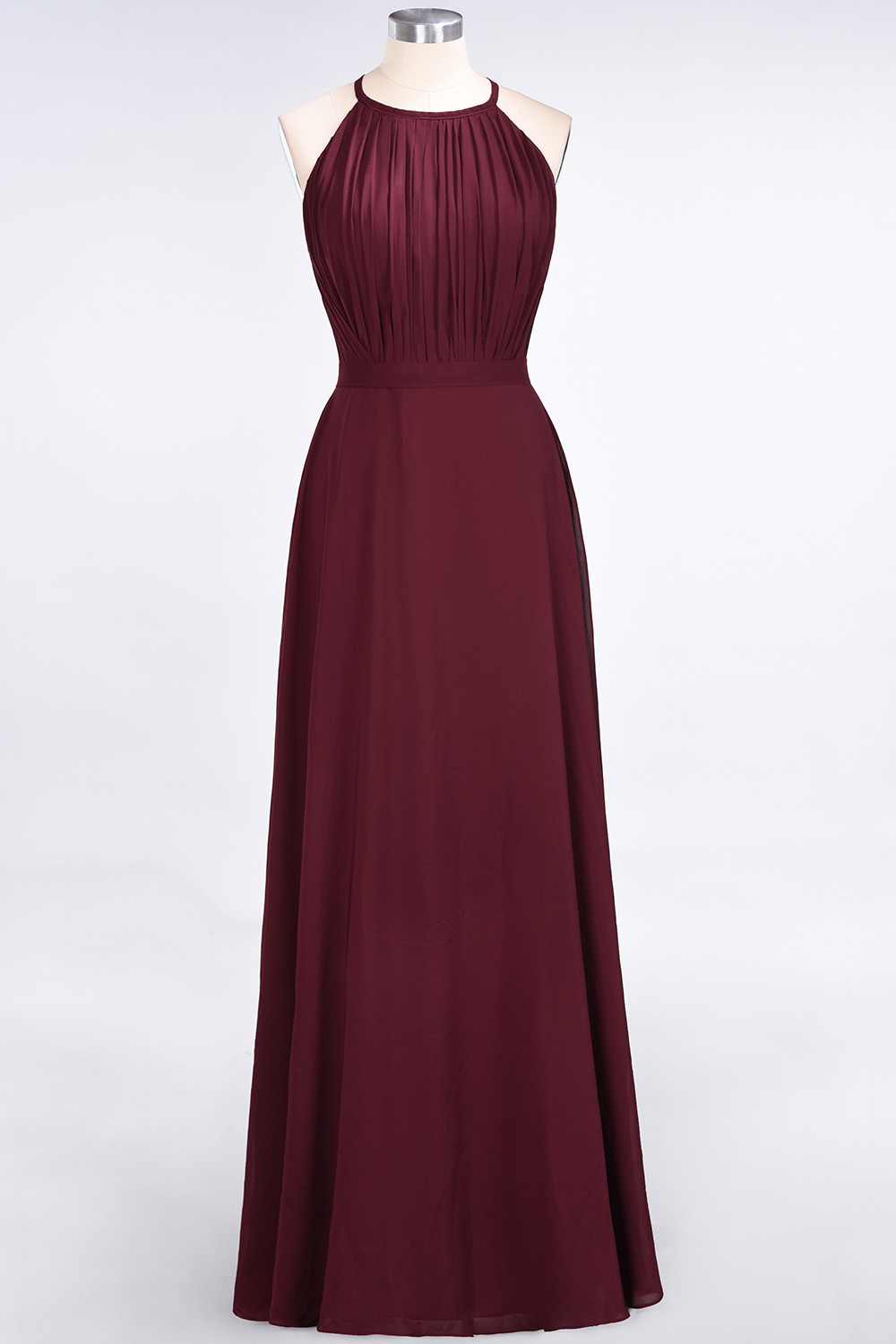 BMbridal Modest Chiffon Jewel Ruffle Burgundy Long Bridesmaid Dresses Online-BMbridal