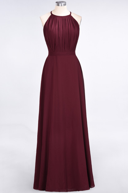 BMbridal Modest Chiffon Jewel Ruffle Burgundy Long Bridesmaid Dresses Online-BMbridal