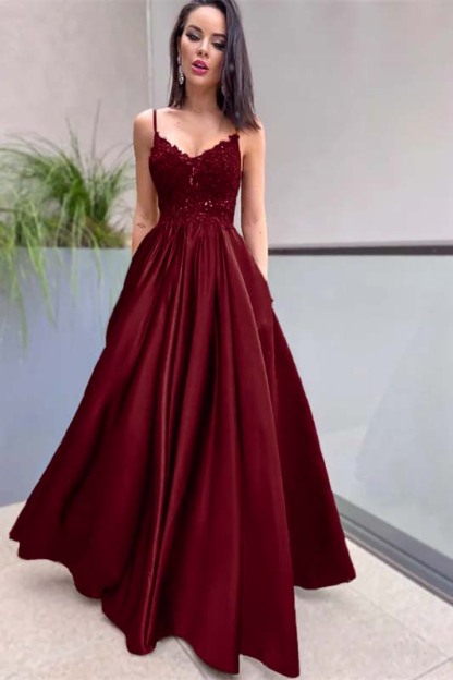 Royal Blue Sleeveless Lace A Line Long Prom Dress Appliques With Pockets