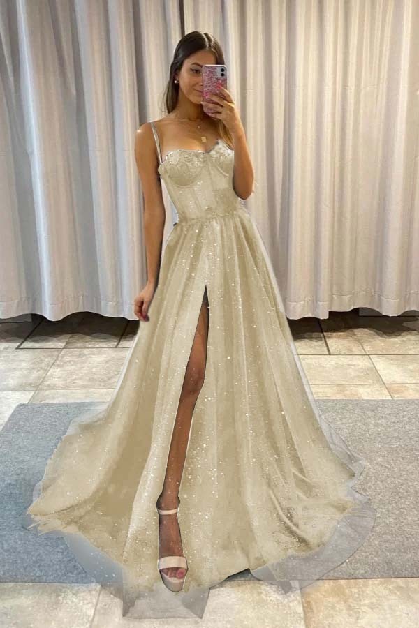 Spaghetti Strap Sleeveless Long Split Prom Dress With Sequins