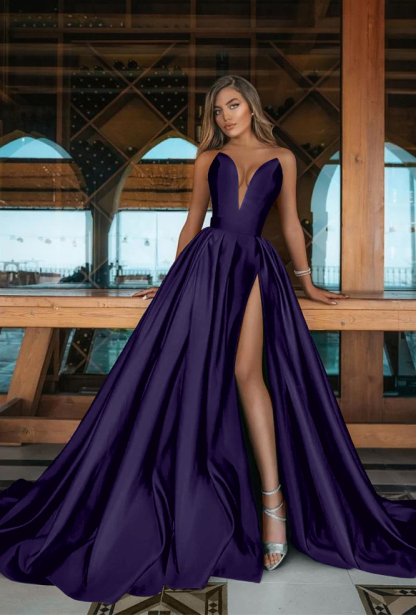 Long Deep V Neck Sleeveless Emerald A Line Green Prom Dress With Side Split