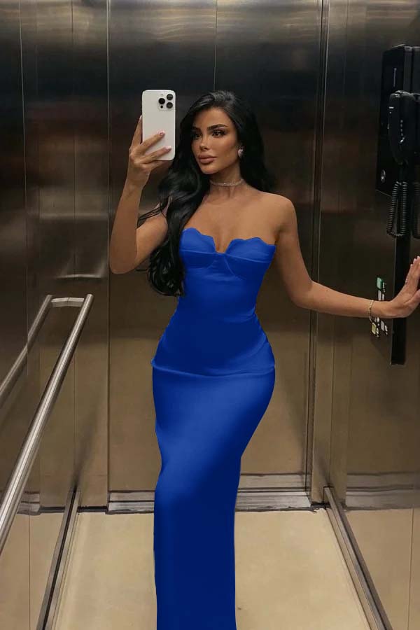 White Strapless Sleeveless Long Mermaid Prom Dress With Pleated