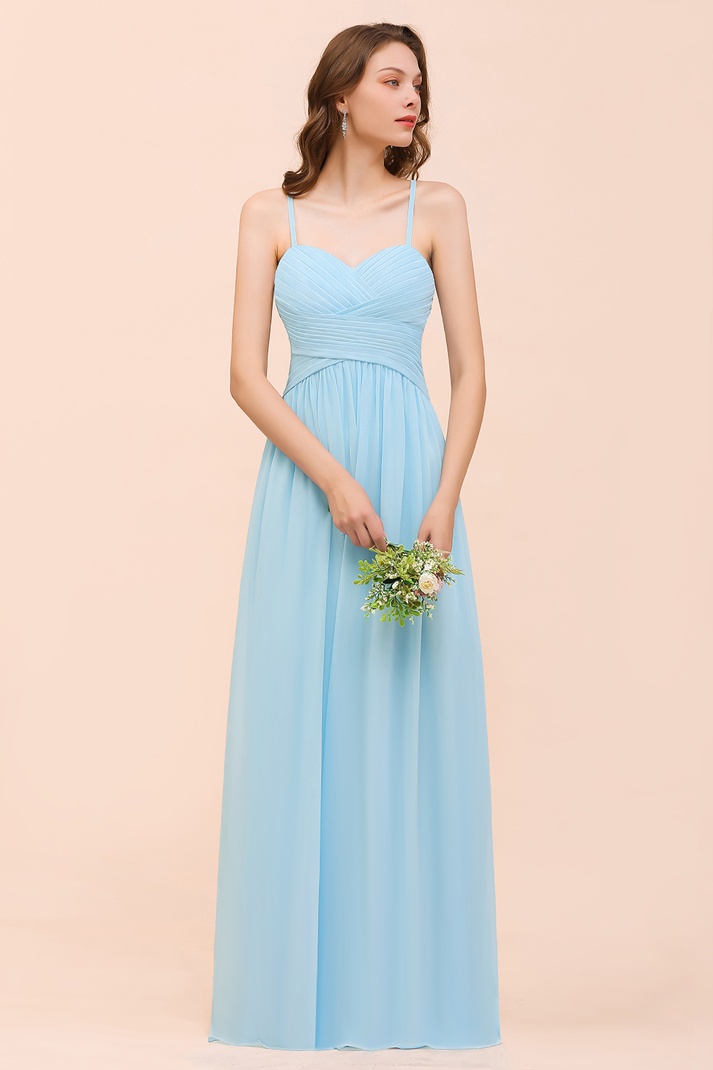 BMbridal Chic Spaghetti Straps Ruffle Sky Blue Chiffon Bridesmaid Dress Online-BMbridal