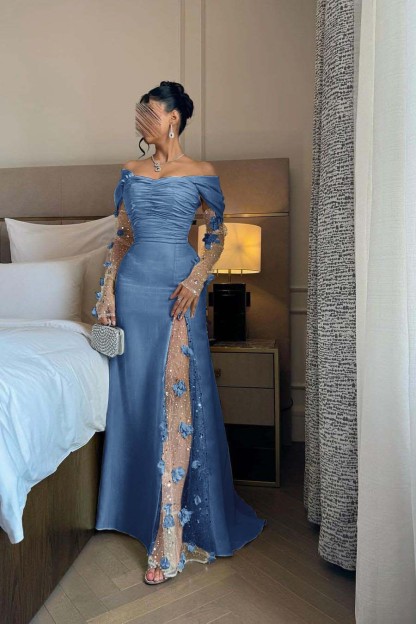 Off the Shoulder Long Sleeves Long Prom Dress With Split Appliques