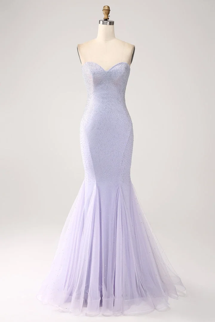Strapless Sleeveless Long Mermaid Prom Dress With Beading Tulle