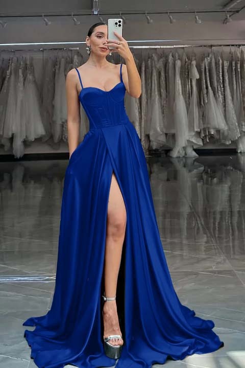 Spaghetti Strap Sleeveless Long Split Prom Dress With Pleated
