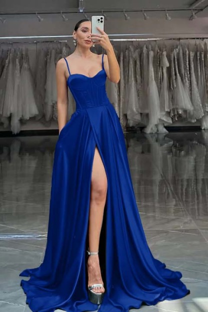 Spaghetti Strap Sleeveless Long Split Prom Dress With Pleated