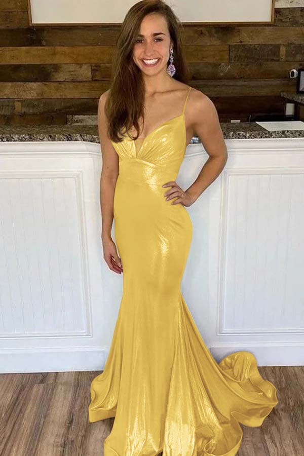Spaghetti Strap Sleeveless Long Mermaid Prom Dress With Ruffles