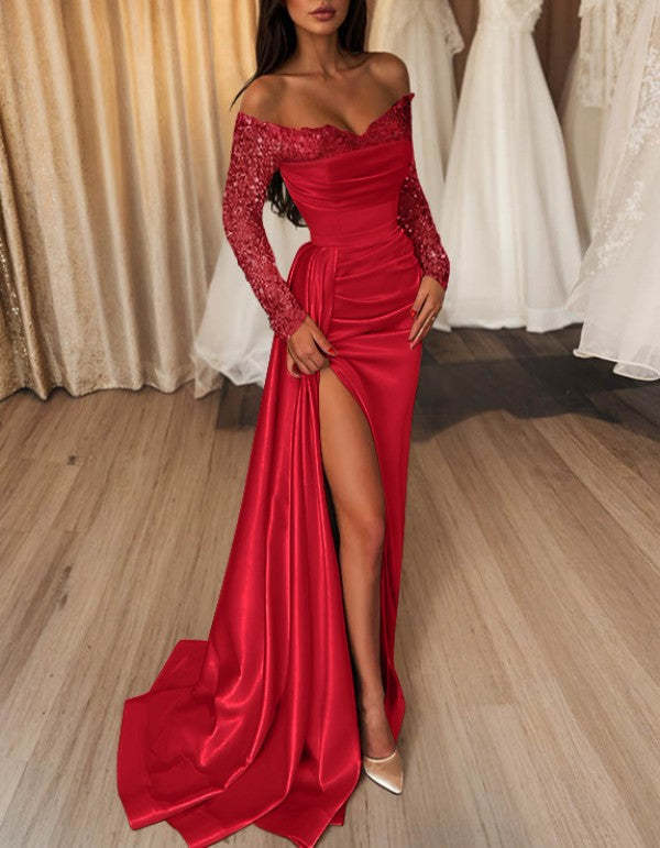 Off-the-Shoulder Floor-Length Prom Dress with Side Split and Sequins