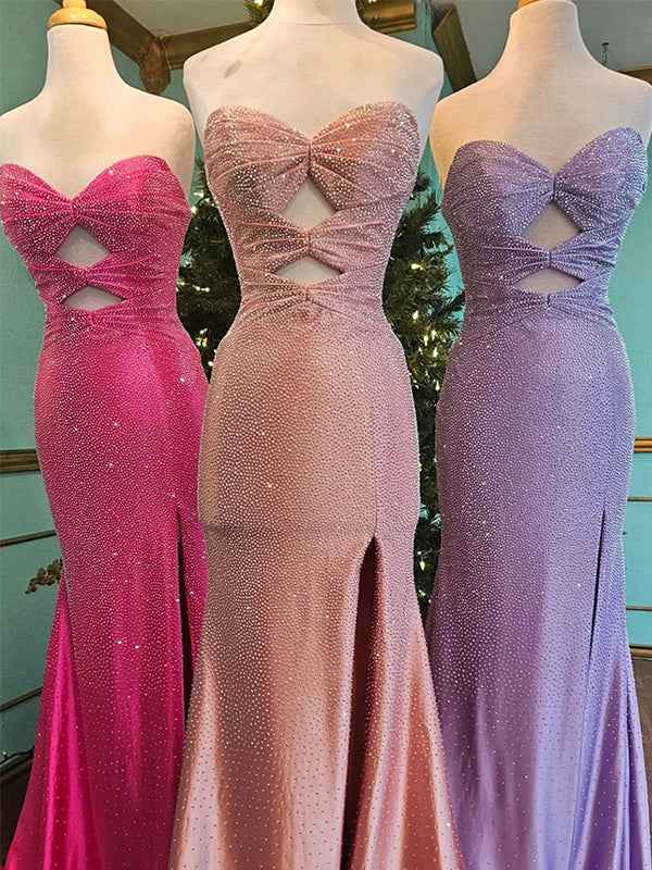 Light Yellow Mermaid Strapless Keyholes Prom Dress with Beads