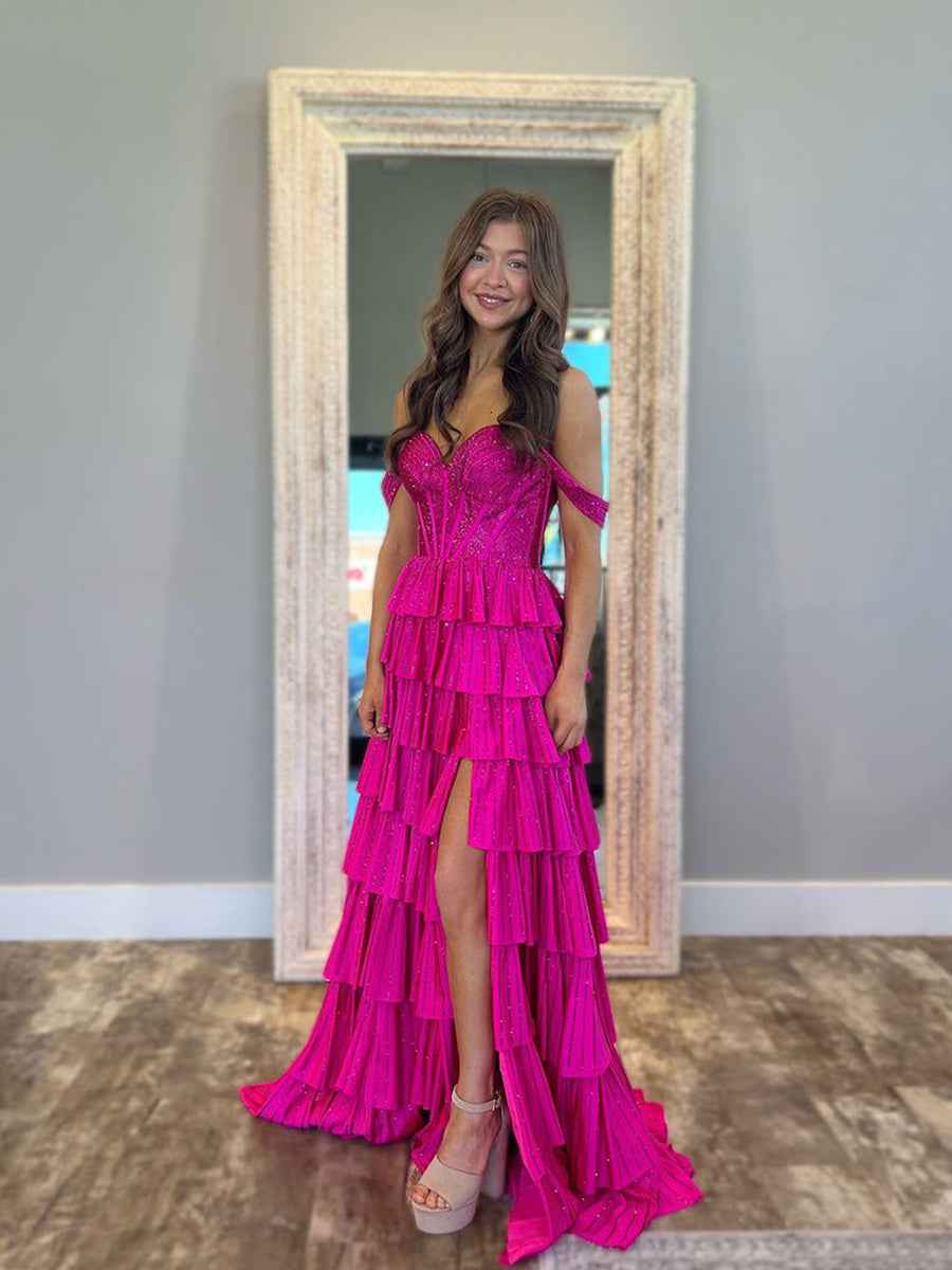 A Line Off the Shoulder Tiered Beaded Prom Dress with Slit