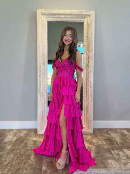 A Line Off the Shoulder Tiered Beaded Prom Dress with Slit