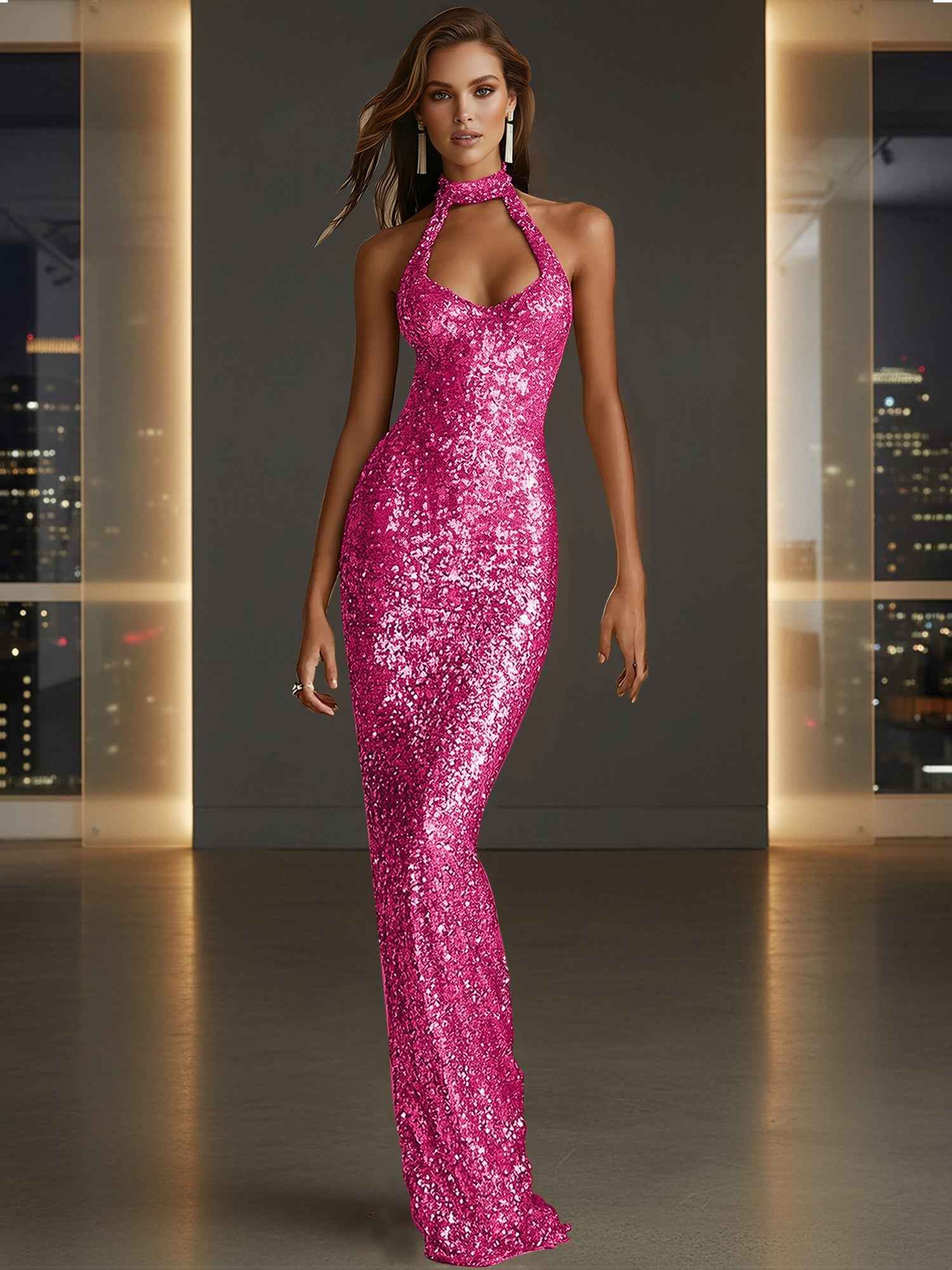 Glamorous Gold Sequin Halter Neck Mermaid Long Prom Dress