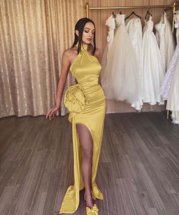 Orange Flower Halter Sleeveless High Split Prom Dress With Pleated