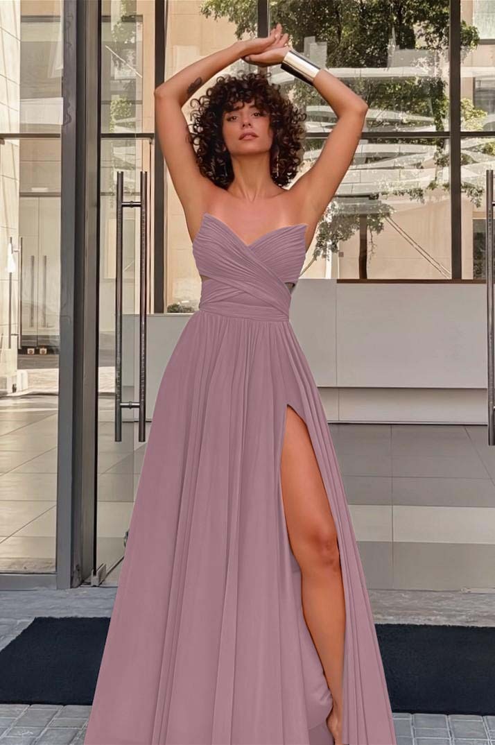 Strapless Sleeveless Long High Split Prom Dress With Pleated