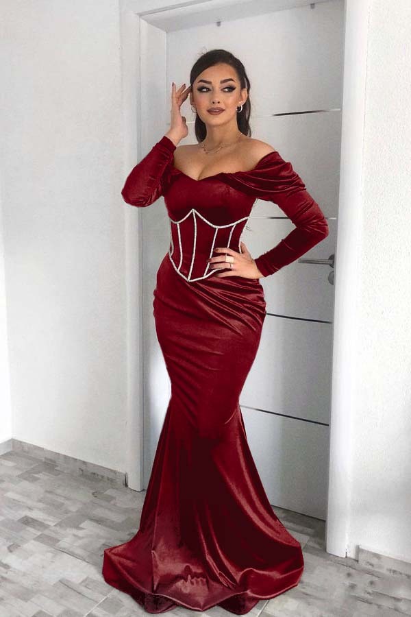 Off the Shoulder Prom Dress Dark Green Long Sleeves Mermaid
