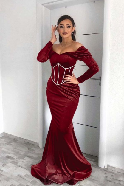 Off the Shoulder Prom Dress Dark Green Long Sleeves Mermaid