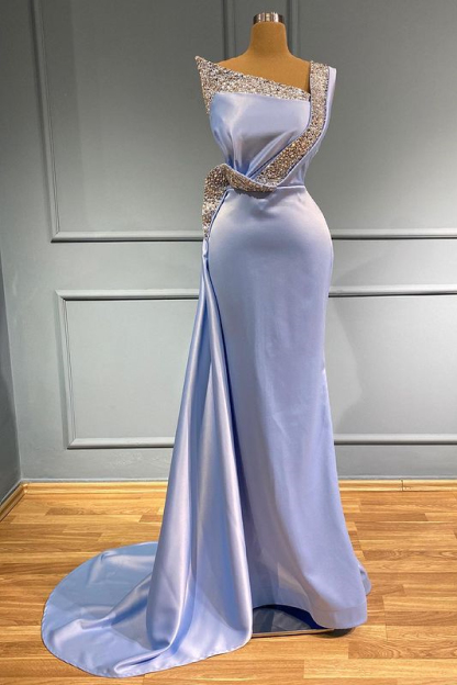 Light Blue One Shoulder Sleeveless Mermaid Long Beads Prom Dress With Ruffles