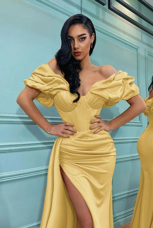 Pink Mermaid Off the Shoulder Sweetheart High Split Prom Dress With Pleated