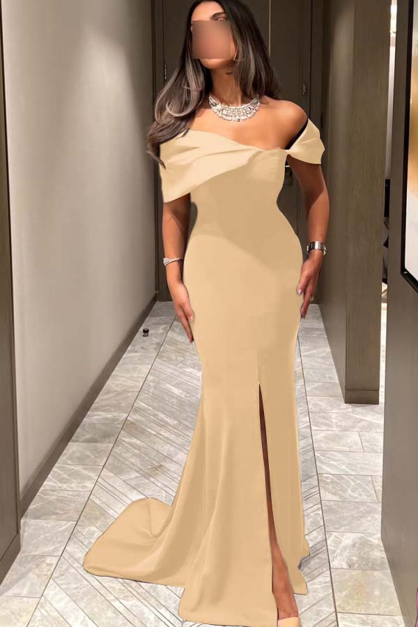 Off the Shoulder Sleeveless Long Mermaid Prom Dress With Pleated