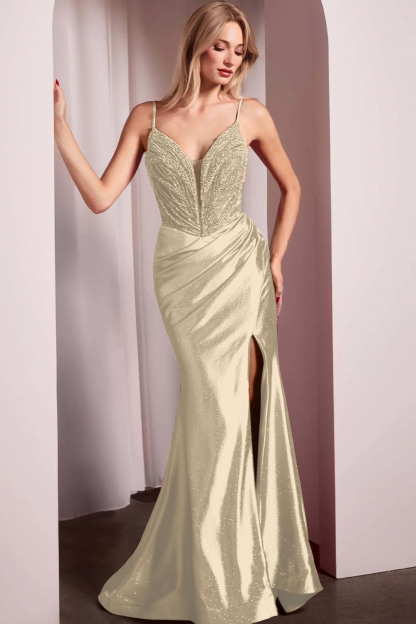 Spaghetti Strap Long Mermaid Prom Dress With Split Beading Pleated