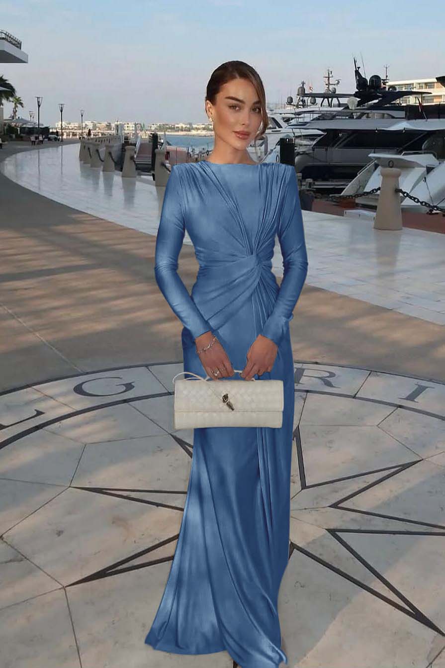 Chic Jewel Long Sleeves Mermaid Long Prom Dress With Pleated